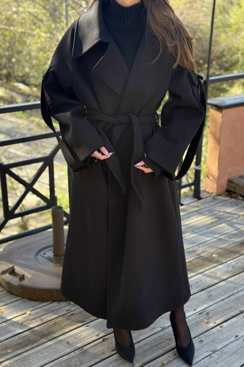 ONE COLOR LACING LONG WOMEN COAT BLACK/ E ZEZE - 2