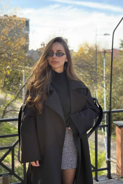 ONE COLOR LACING LONG WOMEN COAT BLACK/ E ZEZE - 3