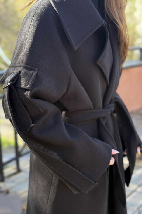 ONE COLOR LACING LONG WOMEN COAT BLACK/ E ZEZE - 5