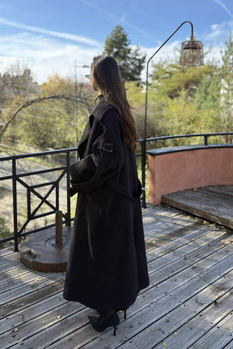 ONE COLOR LACING LONG WOMEN COAT BLACK/ E ZEZE - 7