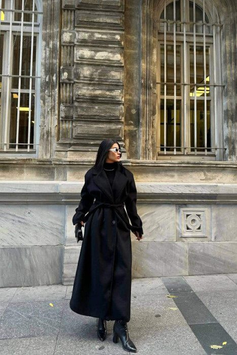 ONE COLOR LACING LONG WOMEN COAT BLACK/ E ZEZE - KLAUDIO FASHION