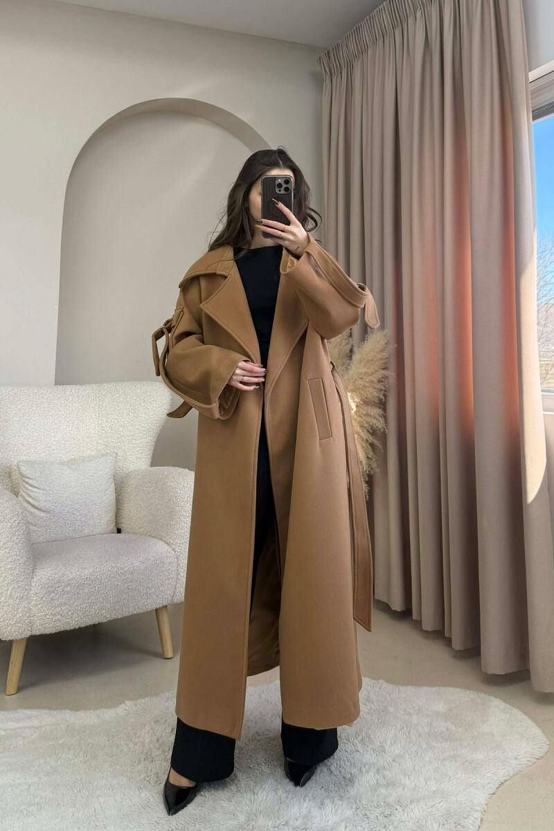 ONE COLOR LACING LONG WOMEN COAT BROWN/KAFE - 1