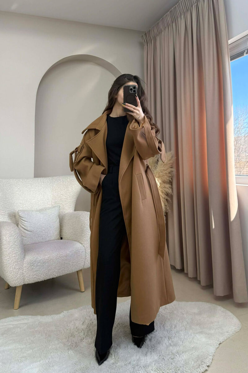ONE COLOR LACING LONG WOMEN COAT BROWN/KAFE - 2