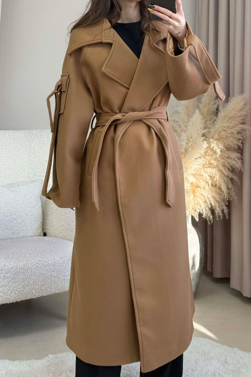 ONE COLOR LACING LONG WOMEN COAT BROWN/KAFE - 3