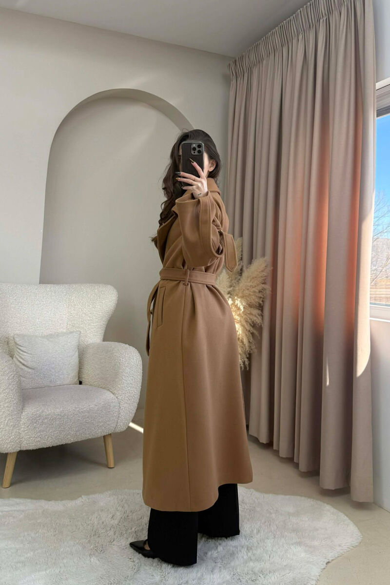 ONE COLOR LACING LONG WOMEN COAT BROWN/KAFE - 4