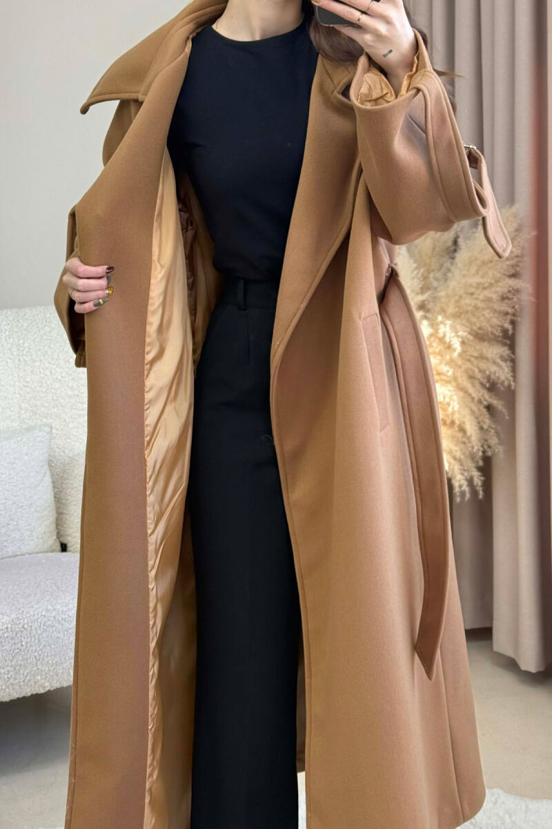 ONE COLOR LACING LONG WOMEN COAT BROWN/KAFE - 5