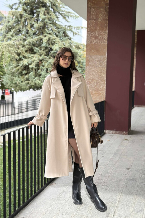 ONE COLOR LACING LONG WOMEN COAT CREAM/KREM - 1