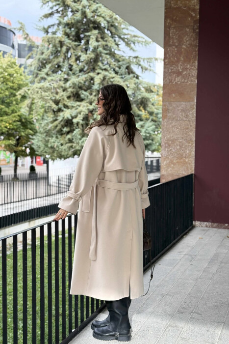 ONE COLOR LACING LONG WOMEN COAT CREAM/KREM - 2