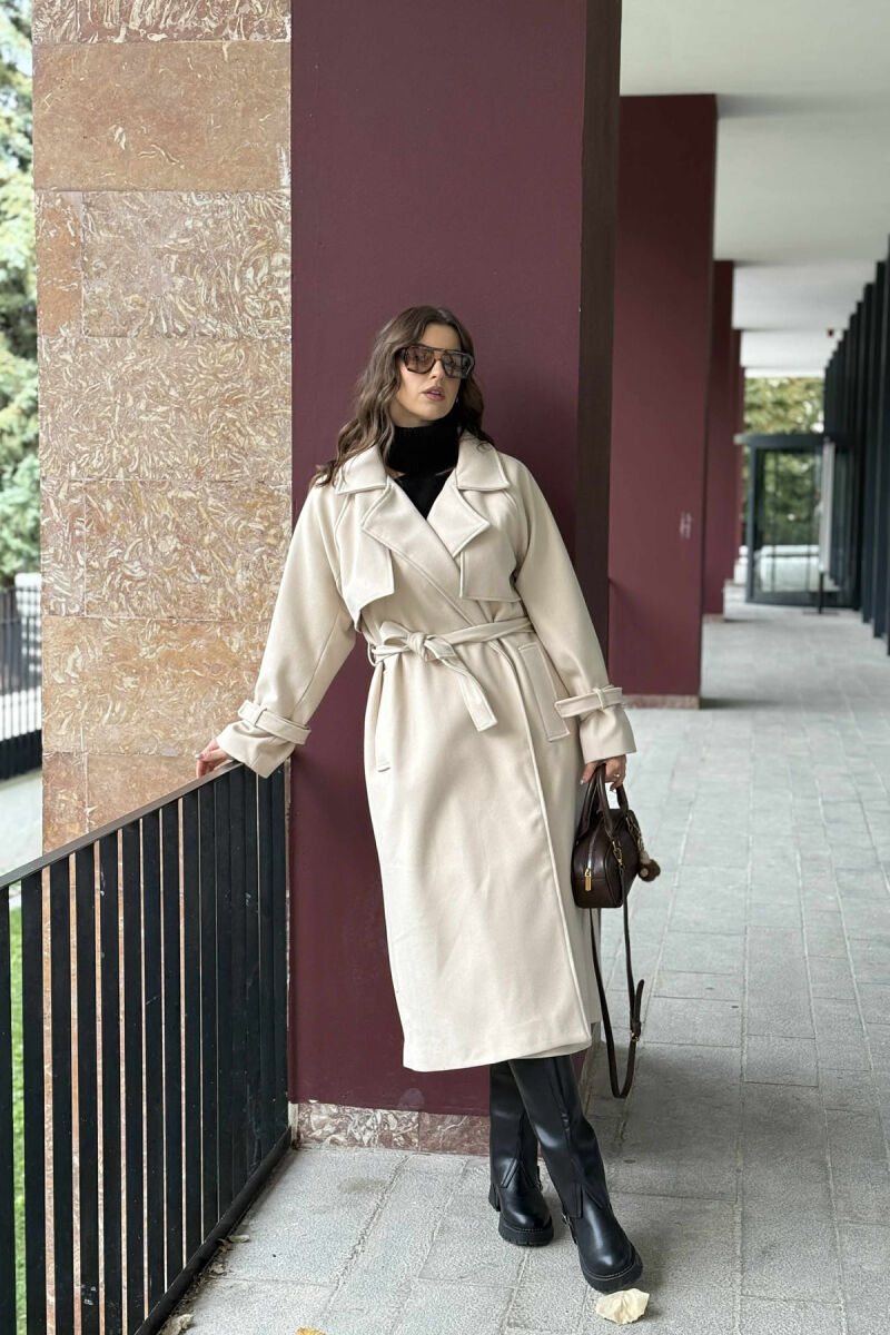 ONE COLOR LACING LONG WOMEN COAT CREAM/KREM - 4