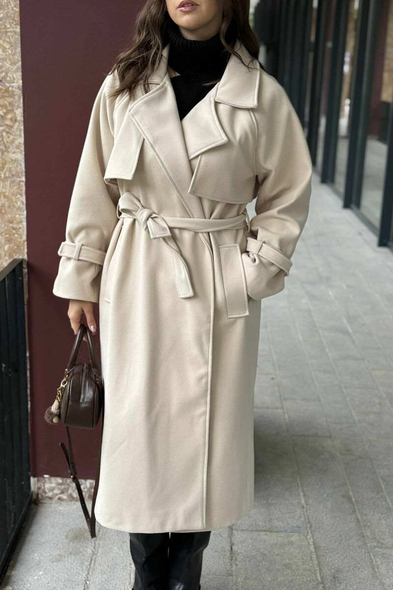 ONE COLOR LACING LONG WOMEN COAT CREAM/KREM - 5