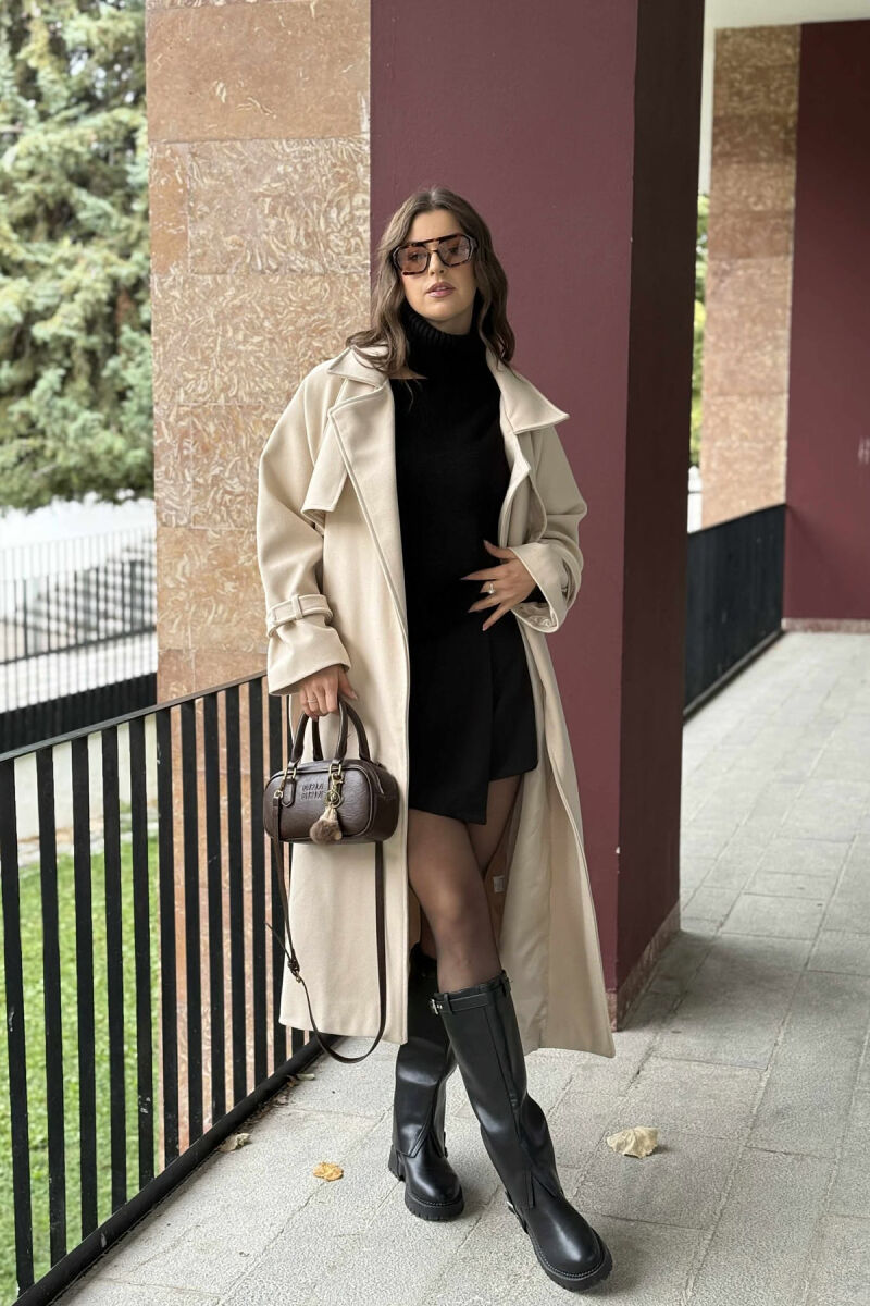 ONE COLOR LACING LONG WOMEN COAT CREAM/KREM - 6