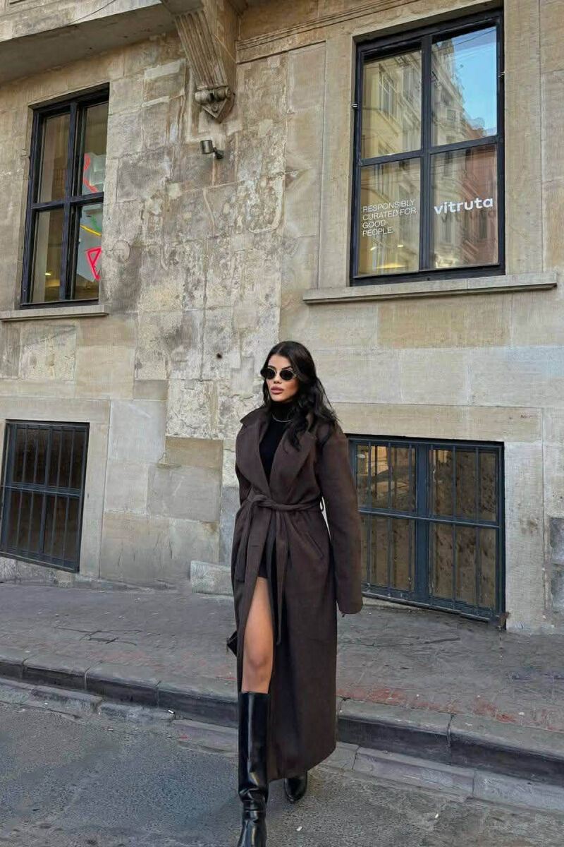 ONE COLOR LACING LONG WOMEN COAT DARK BROWN/KAE - 1