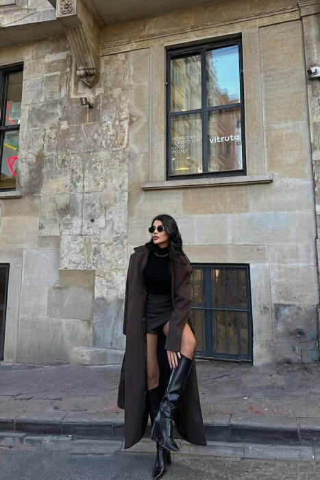 ONE COLOR LACING LONG WOMEN COAT DARK BROWN/KAE - 2