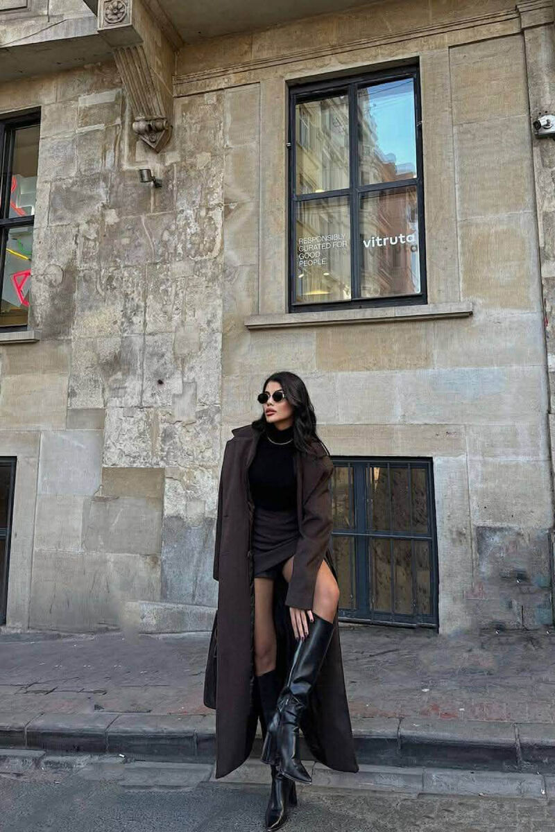 ONE COLOR LACING LONG WOMEN COAT DARK BROWN/KAE - 2