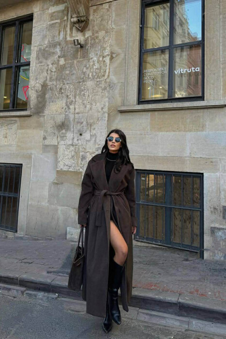 ONE COLOR LACING LONG WOMEN COAT DARK BROWN/KAE - 3