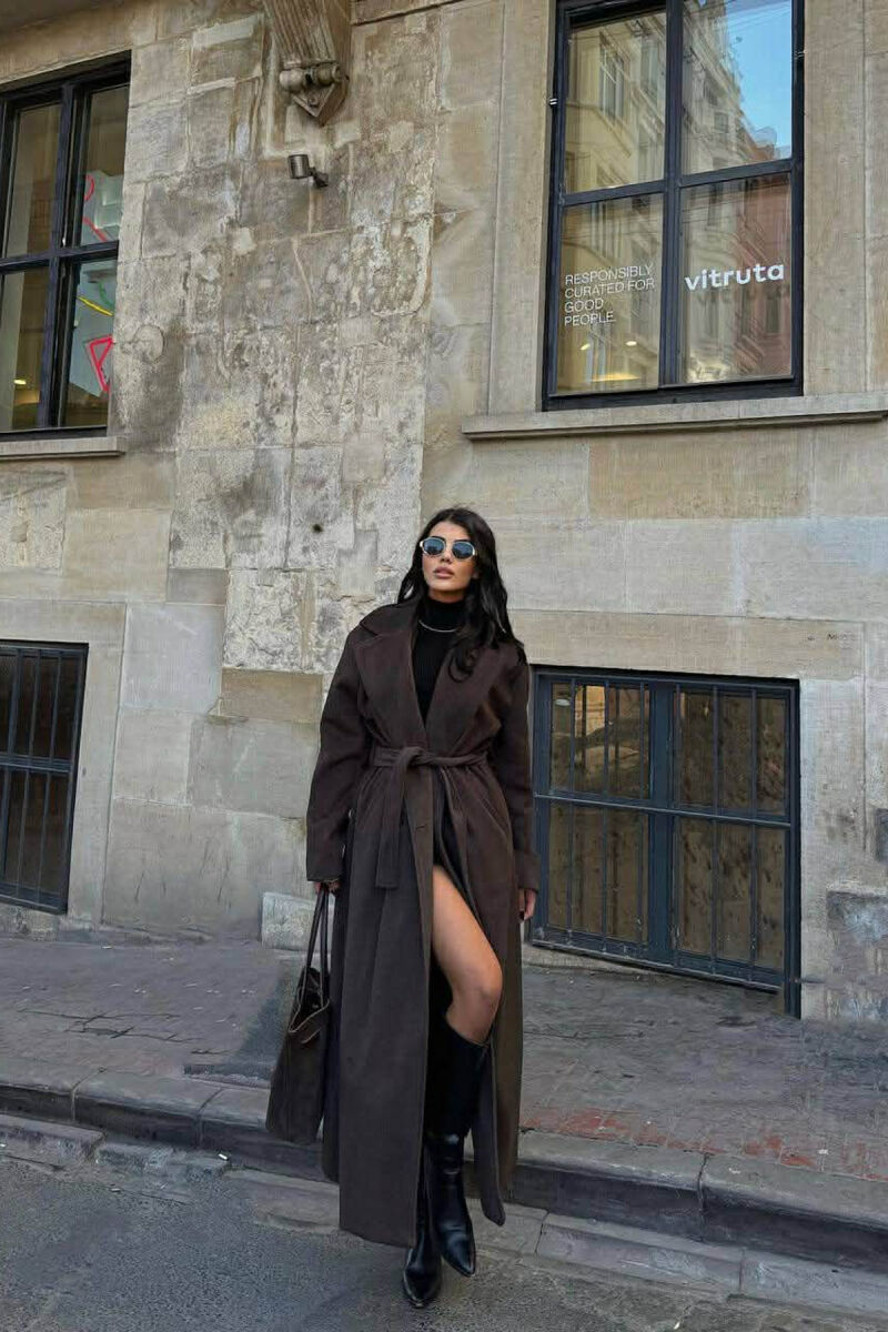 ONE COLOR LACING LONG WOMEN COAT DARK BROWN/KAE - 3