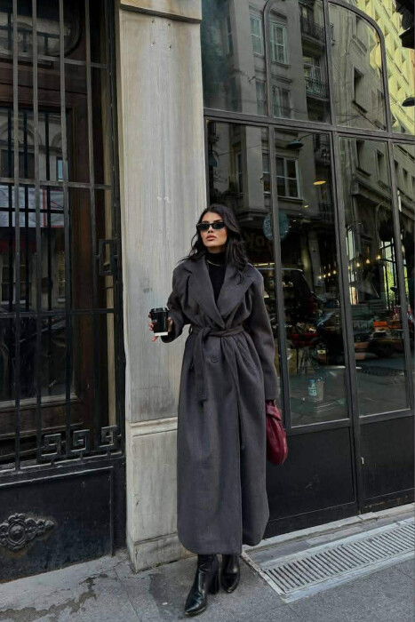 ONE COLOR LACING LONG WOMEN COAT DARK GREY/GEE - KLAUDIO FASHION
