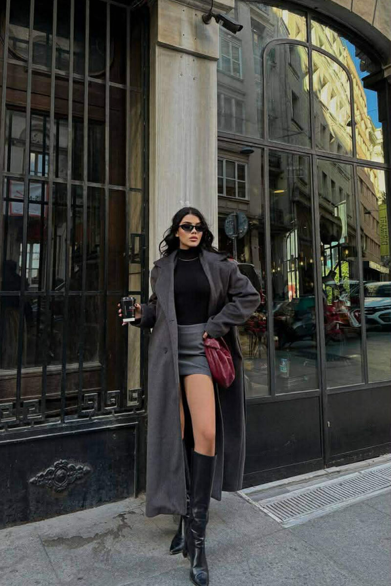 ONE COLOR LACING LONG WOMEN COAT DARK GREY/GEE - 3