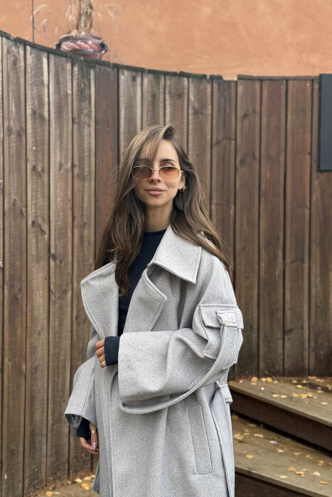 ONE COLOR LACING LONG WOMEN COAT LIGHT GREY/GZ - 2