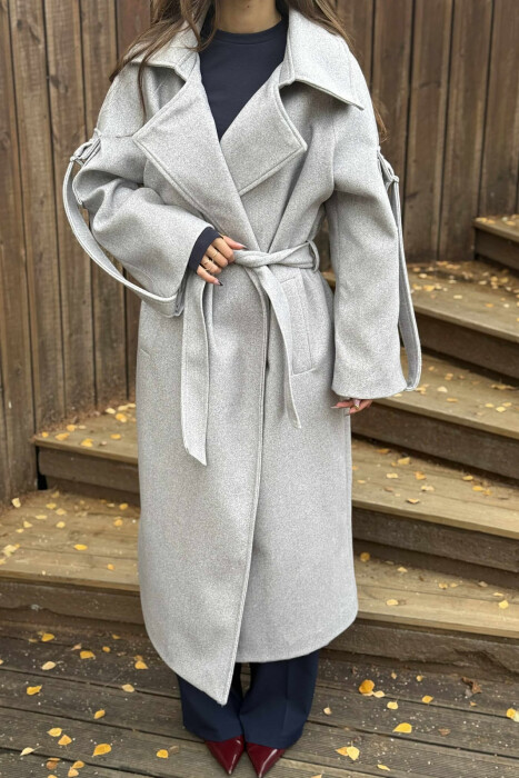 ONE COLOR LACING LONG WOMEN COAT LIGHT GREY/GZ - 3