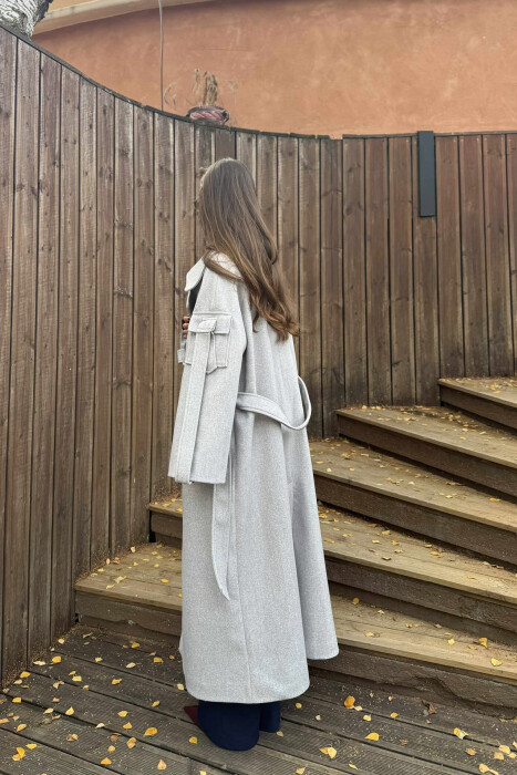 ONE COLOR LACING LONG WOMEN COAT LIGHT GREY/GZ - 5