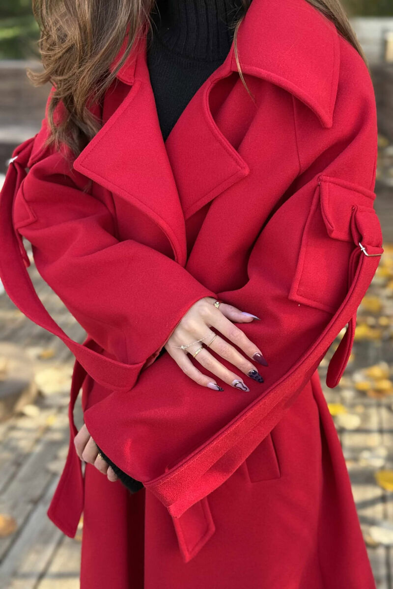 ONE COLOR LACING LONG WOMEN COAT RED/E KUQE - 2