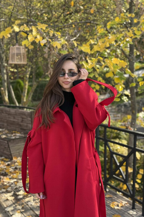 ONE COLOR LACING LONG WOMEN COAT RED/E KUQE - 3