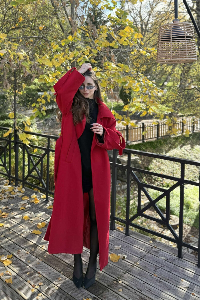 ONE COLOR LACING LONG WOMEN COAT RED/E KUQE - 5