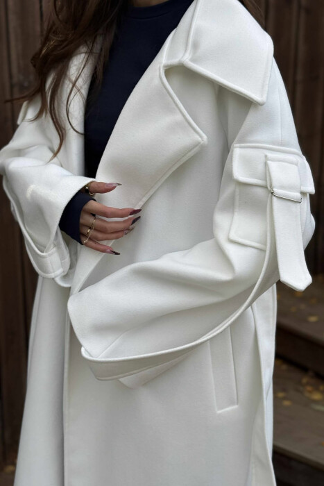 ONE COLOR LACING LONG WOMEN COAT WHITE-E BARDHE - 3