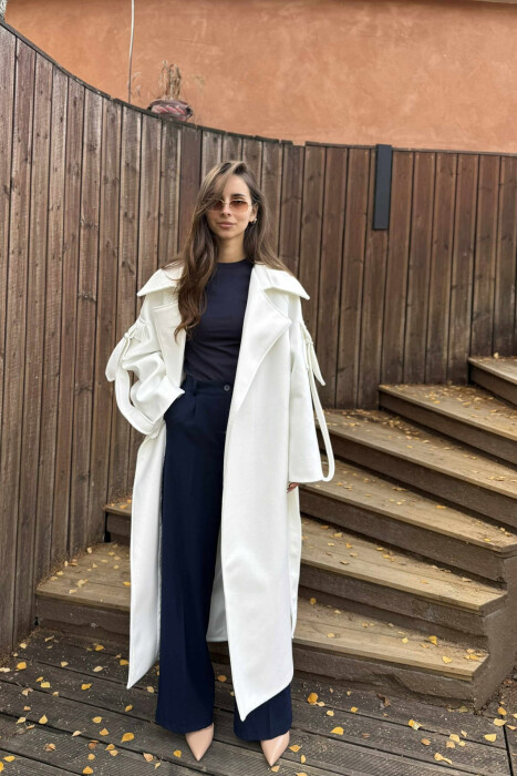ONE COLOR LACING LONG WOMEN COAT WHITE-E BARDHE - 4