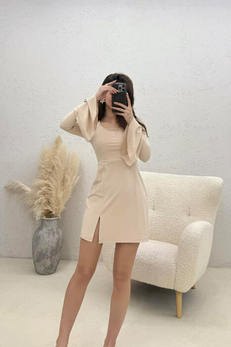ONE COLOR LACING NECK LONG SLEEVES WOMAN DRESS BEIGE/BEZHE - KLAUDIO FASHION