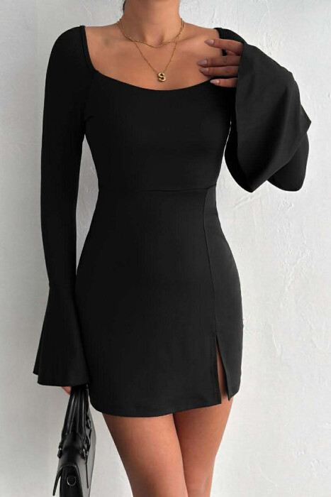 ONE COLOR LACING NECK LONG SLEEVES WOMAN DRESS BLACK/ E ZEZE - KLAUDIO FASHION