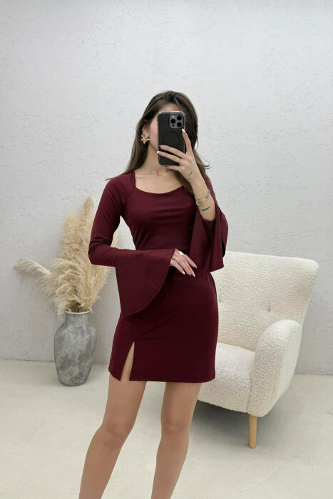 ONE COLOR LACING NECK LONG SLEEVES WOMAN DRESS BURGUNDY/VISHNJE - 3