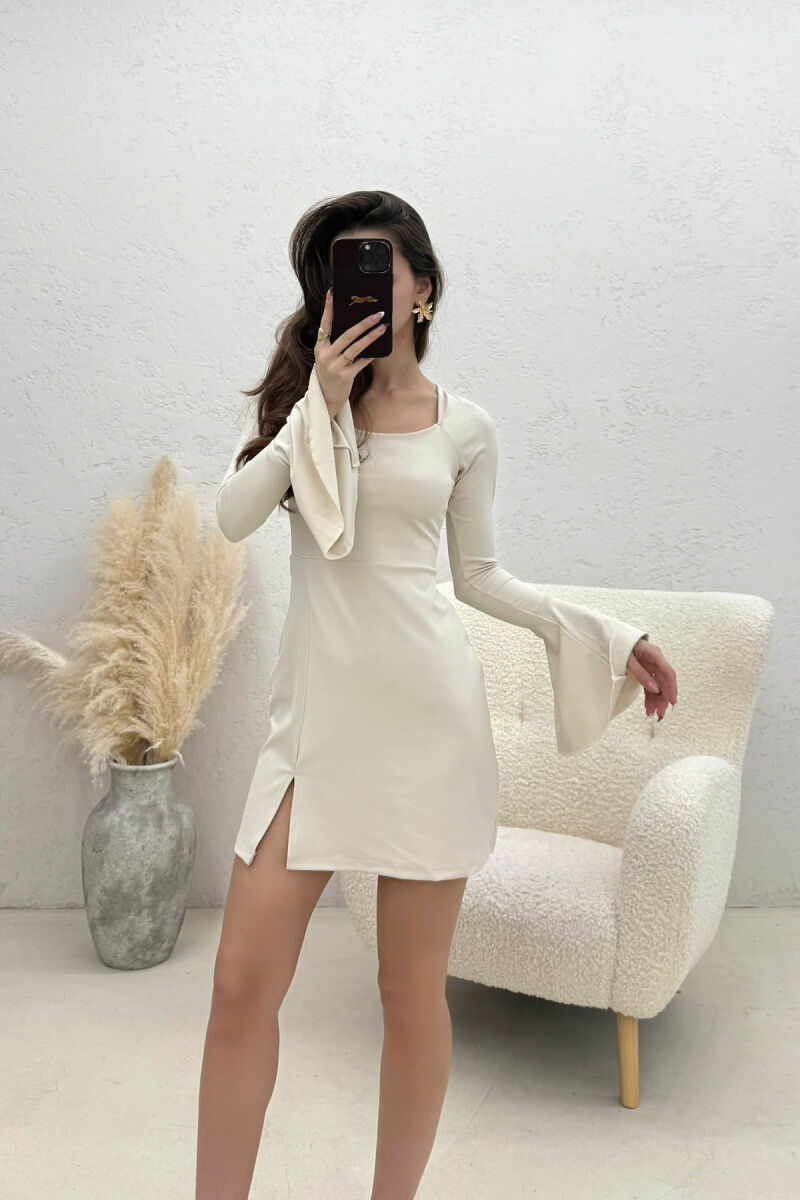 ONE COLOR LACING NECK LONG SLEEVES WOMAN DRESS LIGHT BEIGE/BZHZB - 1