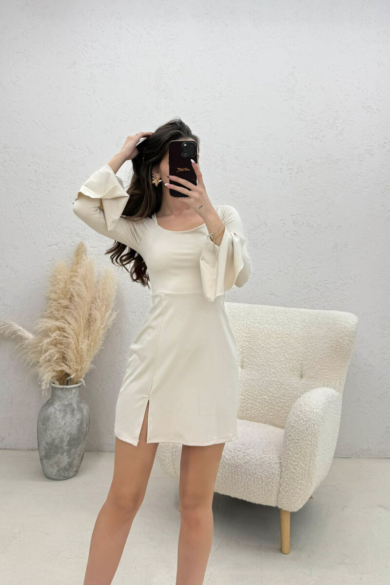ONE COLOR LACING NECK LONG SLEEVES WOMAN DRESS LIGHT BEIGE/BZHZB - 2