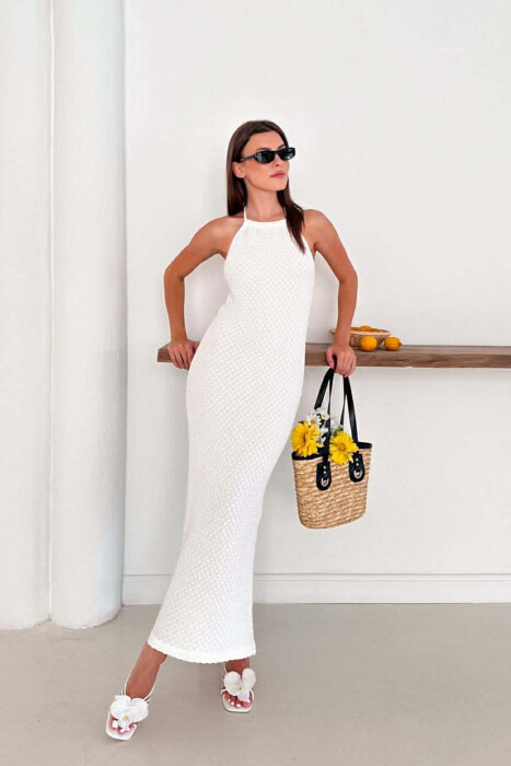 ONE COLOR LACING NECK WOMEN DRESS WHITE-E BARDHE - 