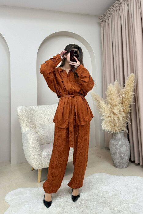 ONE COLOR LACING SHIRT+ TROUSERS WOMEN SET BRICK/TULLE - 1