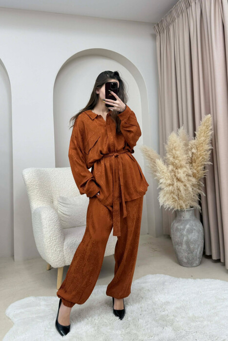 ONE COLOR LACING SHIRT+ TROUSERS WOMEN SET BRICK/TULLE - 2