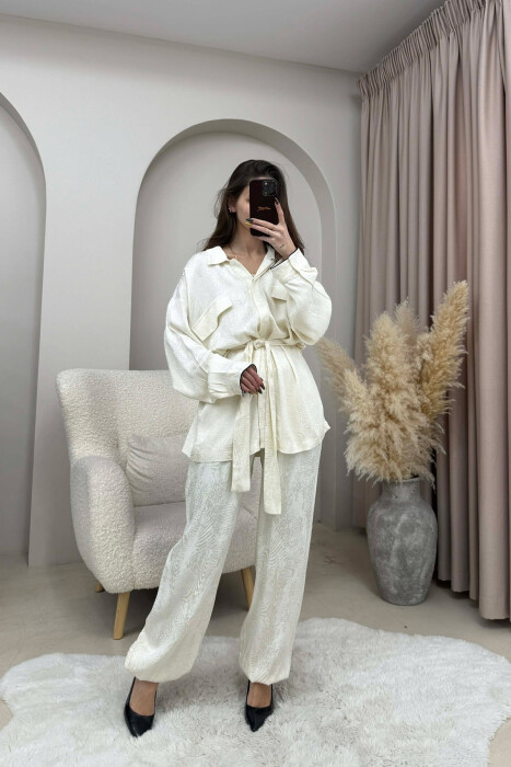 ONE COLOR LACING SHIRT+ TROUSERS WOMEN SET CREAM/KREM - KLAUDIO FASHION