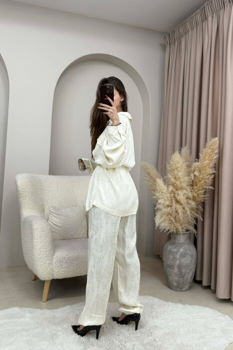 ONE COLOR LACING SHIRT+ TROUSERS WOMEN SET CREAM/KREM - 2