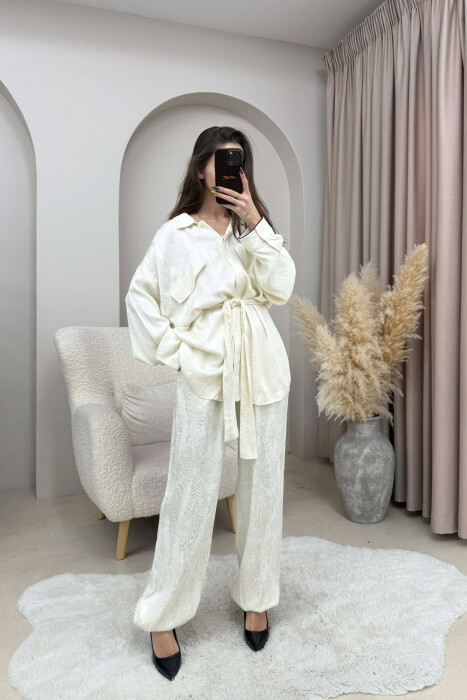 ONE COLOR LACING SHIRT+ TROUSERS WOMEN SET CREAM/KREM - 3