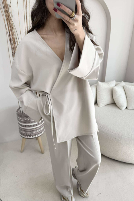 ONE COLOR LACING SHIRT+TROUSERS WOMEN SET CREAM/KREM - 3