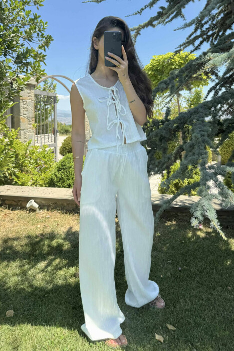 ONE COLOR LACING TANK TOP+TROUSERS WOMEN SET WHITE-E BARDHE - 1