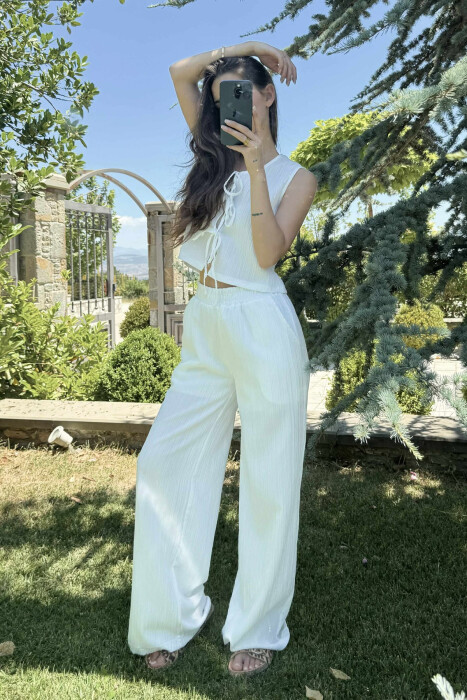 ONE COLOR LACING TANK TOP+TROUSERS WOMEN SET WHITE-E BARDHE - 4