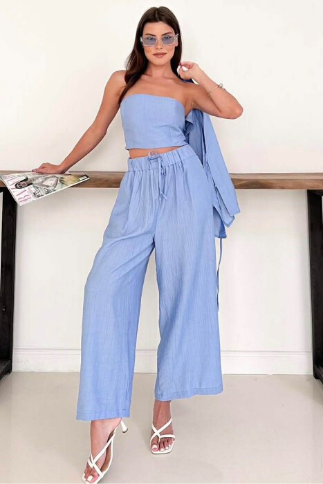 SET NJE NGJYRESH JELEK ME LIDHESE + CROP TOP + PANTALLONA PER FEMRA NE NGJYRE BABY BLU 