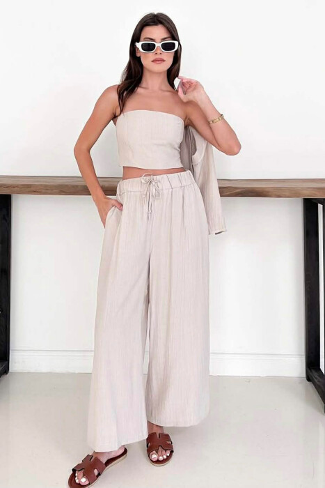 ONE COLOR LACING VEST+CROP TOP+TROUSERS WOMAN SET BEIGE/BEZHE 