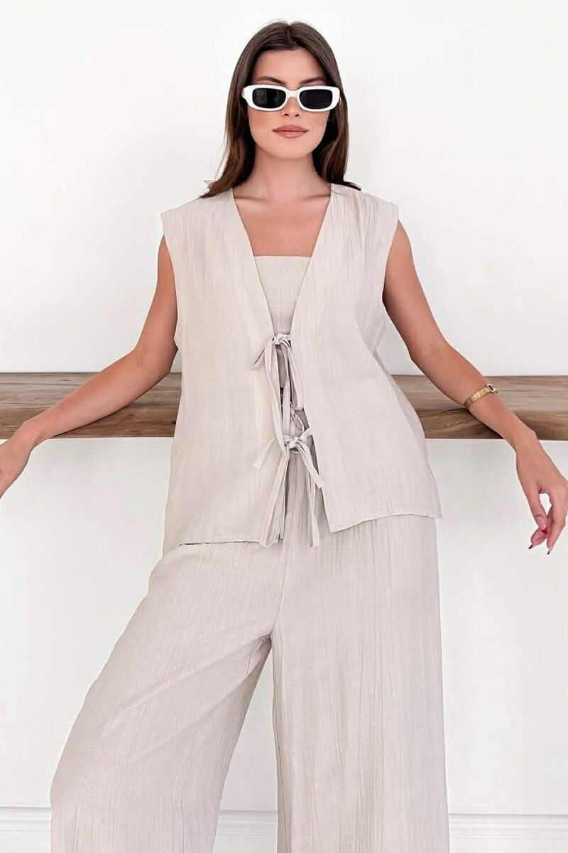 ONE COLOR LACING VEST+CROP TOP+TROUSERS WOMAN SET BEIGE/BEZHE - 2
