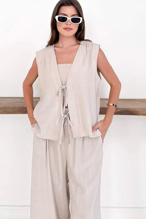 ONE COLOR LACING VEST+CROP TOP+TROUSERS WOMAN SET BEIGE/BEZHE - 4