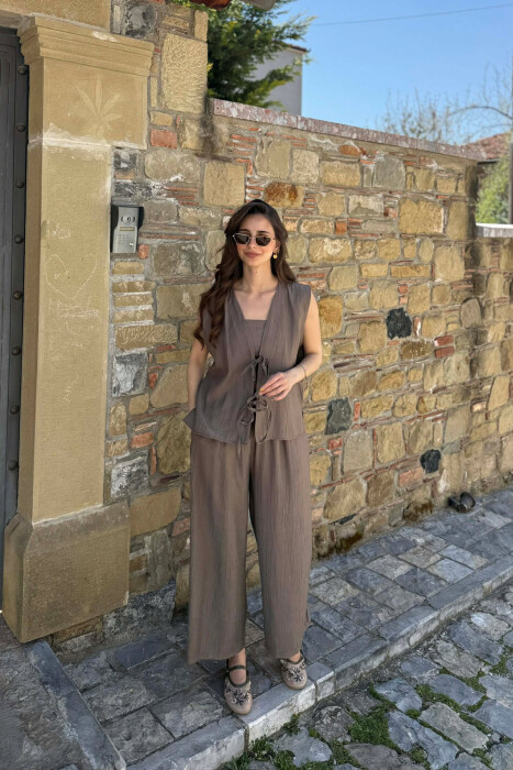 ONE COLOR LACING VEST+CROP TOP+TROUSERS WOMAN SET DARK KHAKI/KAKI E ERRET - 1