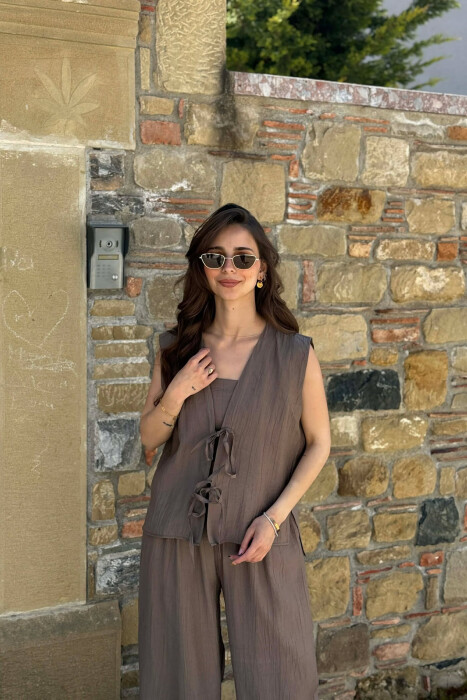 ONE COLOR LACING VEST+CROP TOP+TROUSERS WOMAN SET DARK KHAKI/KAKI E ERRET - 2